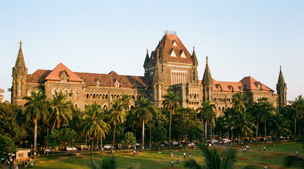 A wide shot of the Bombay High Court building, showcasing its grand Victorian Gothic architecture with lush green lawns in the foreground.