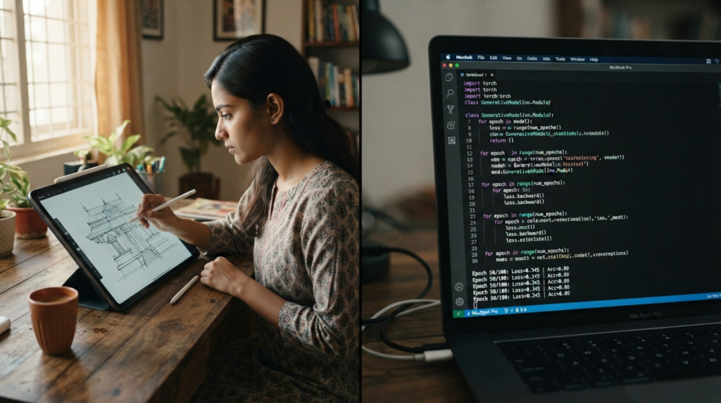 A split-screen graphic showing a person using a tablet to draw a digital sketch on one side, while the other side shows a terminal window running Python code for an AI model.