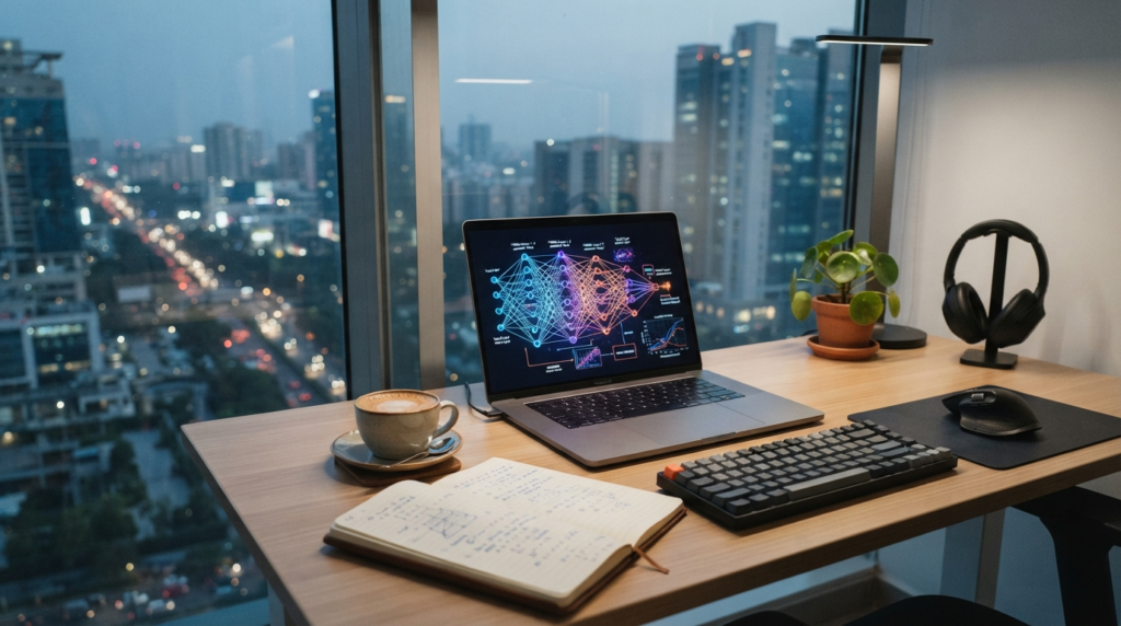 A clean, modern office desk in a high-rise in Gurugram featuring a laptop displaying a complex neural network visualization on the screen, with a notebook and a cup of chai nearby.