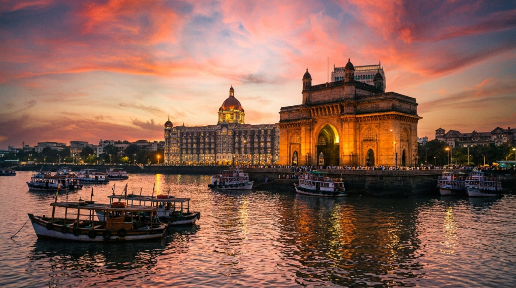A panoramic view of the Gateway of India at sunset, with boats in the foreground and the Taj Mahal Palace Hotel in the background.
