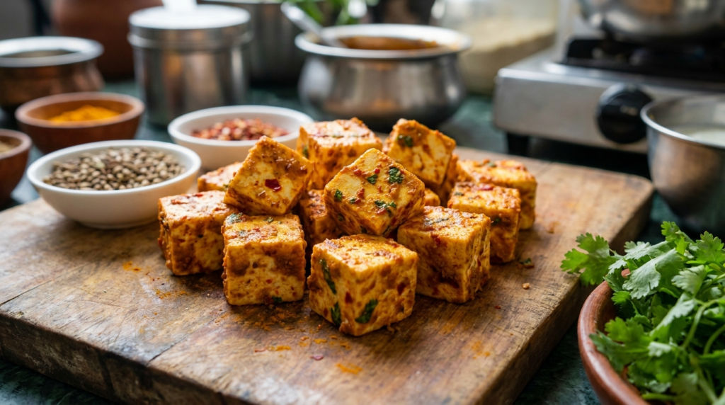 A close-up shot of cubes of paneer marinated in a vibrant spice blend, ready for cooking.