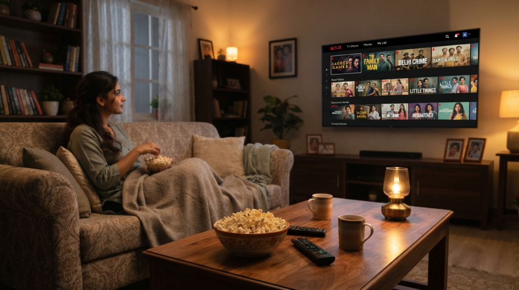 A cozy living room setup with a warm lamp, a bowl of popcorn on a coffee table, and a smart TV screen displaying a colorful streaming menu.
