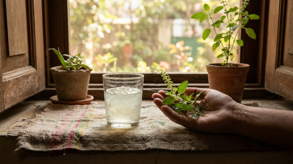 A hand gently holding a few fresh green tulsi leaves next to a clear glass containing aloe vera gel, with a soft, natural light illuminating the scene.
