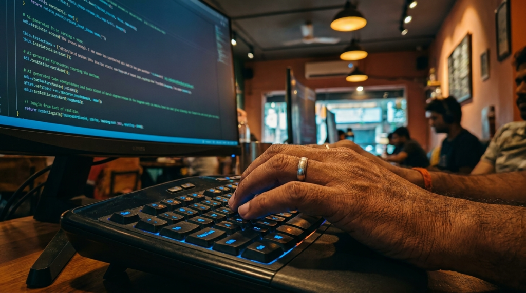 A close-up shot of a person's hands typing commands into a futuristic keyboard, with complex code and AI-generated text appearing on a nearby screen