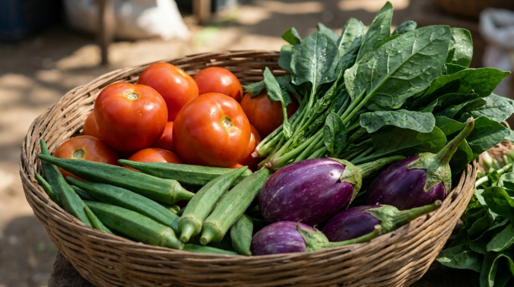 A close-up shot of a variety of colourful Indian vegetables, including bright red tomatoes, green okra, purple brinjal, and leafy spinach, arranged in a wooden basket.