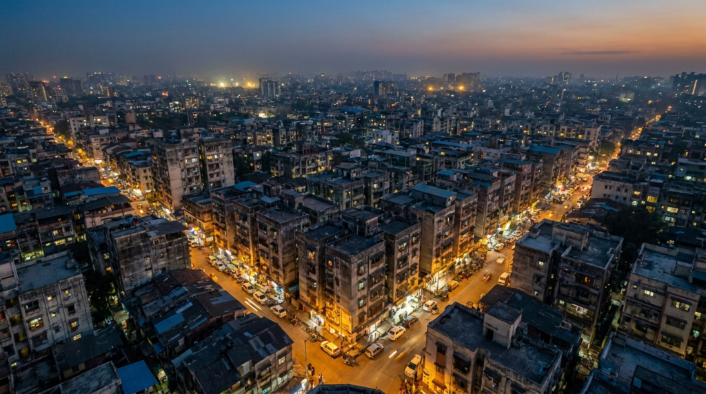 A drone shot capturing the dense, multi-story housing complexes of a typical Indian megacity at dusk, with countless lights twinkling in the twilight.