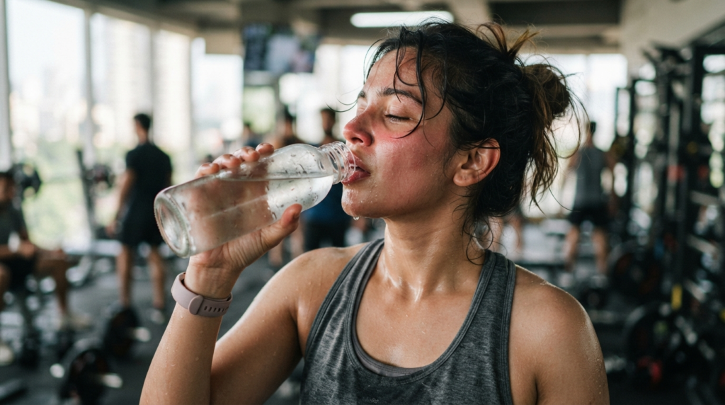 Close-up shot of a fitness enthusiast drinking water from a glass bottle after a sweaty, successful workout session.