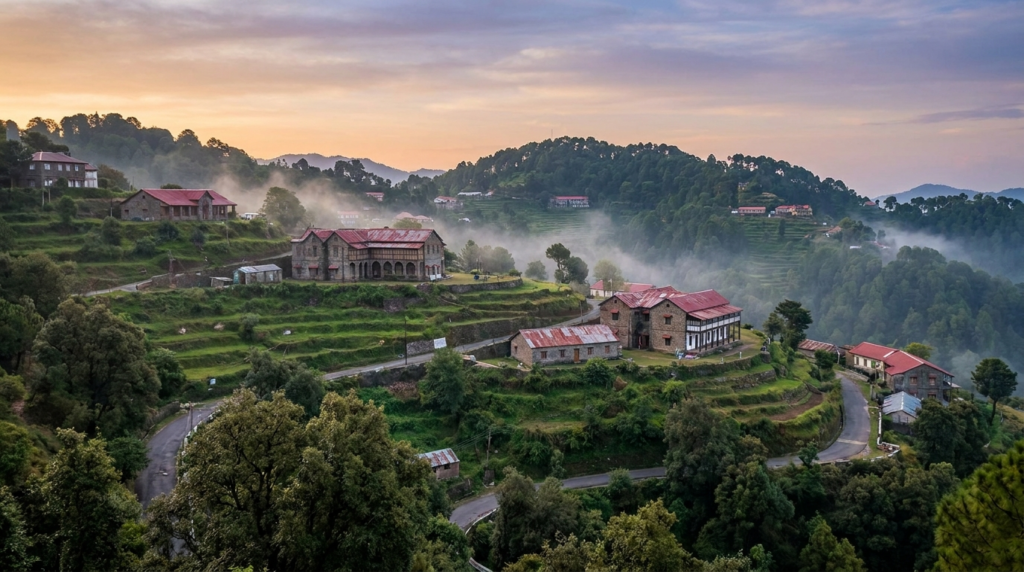 A panoramic view of Kasauli town nestled amidst lush green hills, with colonial-era buildings visible and mist swirling in the distance.