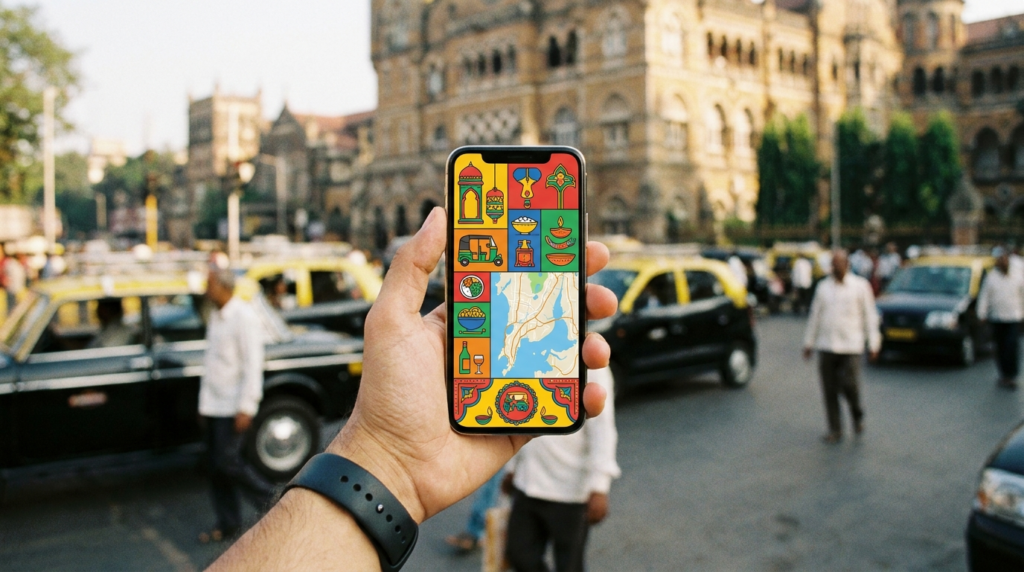 A close-up shot of a hand holding a smartphone displaying a vibrant app interface, with a blurred background of a busy Indian cityscape.