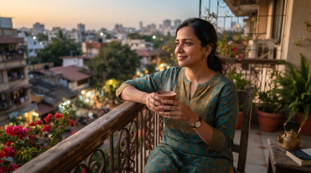 A peaceful, candid portrait of a professional drinking chai on a balcony, reflecting with a calm expression, suggesting work-life balance.