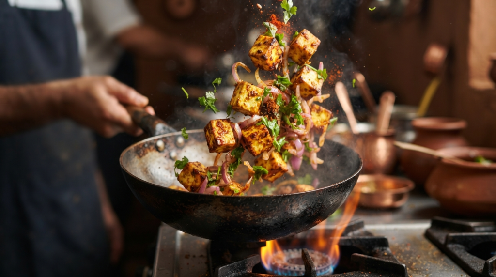 A vibrant, close-up shot of golden-seared paneer cubes being tossed in a pan with fresh green coriander, sliced red onions, and glowing red chili powder.