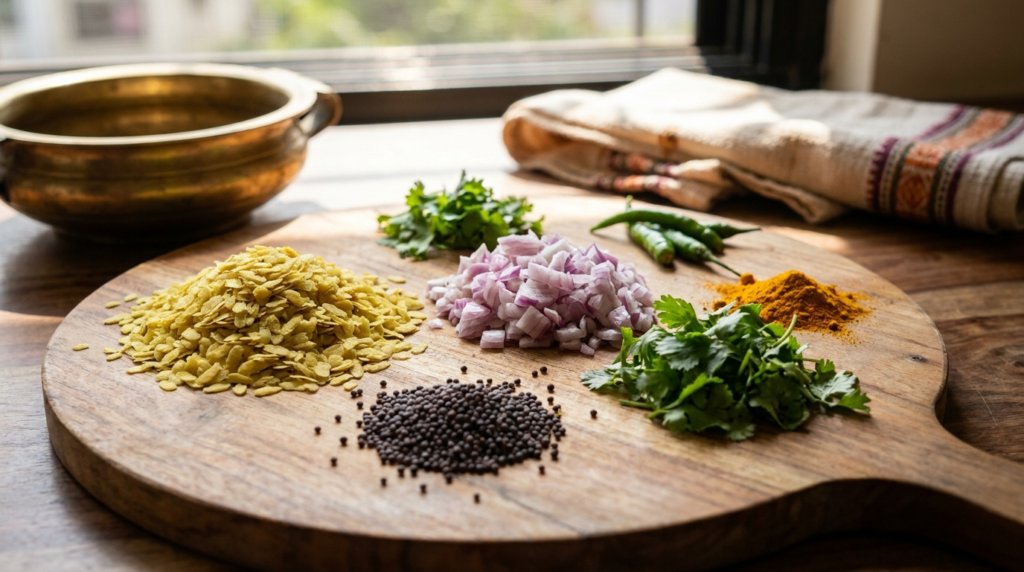 A close-up shot of vibrant, colourful ingredients for poha – flattened rice, chopped onions, mustard seeds, and fresh coriander – artfully arranged on a wooden cutting board, ready for quick preparation.