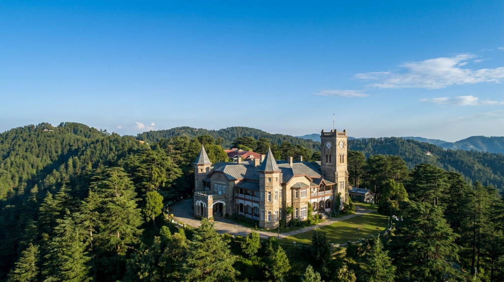 The grand Chail Palace, a heritage hotel, with its colonial architecture set against a backdrop of dense pine forests and clear blue sky.