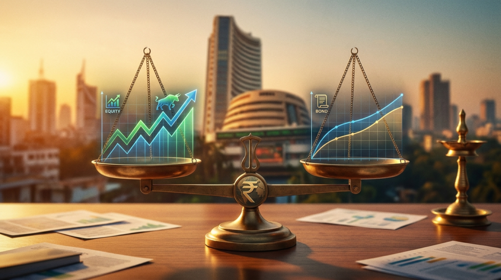 A graphic illustration showing a balanced scale with an equity graph on one side and a bond graph on the other, representing the balance in hybrid funds.