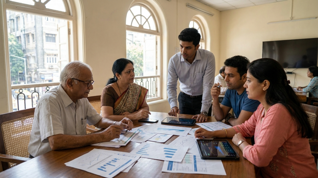 A diverse group of individuals, representing various age groups and backgrounds, are shown thoughtfully reviewing financial documents and charts, symbolizing informed investment decisions for the future.