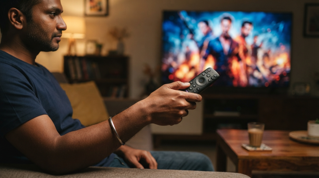 A close-up of a person holding a remote control, with a blurred television screen in the background showing a vibrant, high-contrast movie scene.
