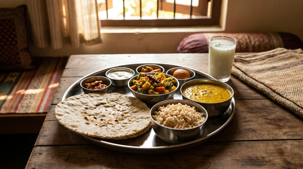 A vibrant spread of traditional Maharashtrian dishes, including jowar bhakri, a colourful vegetable sabzi, dal, and a small bowl of brown rice, arranged appealingly on a thali.