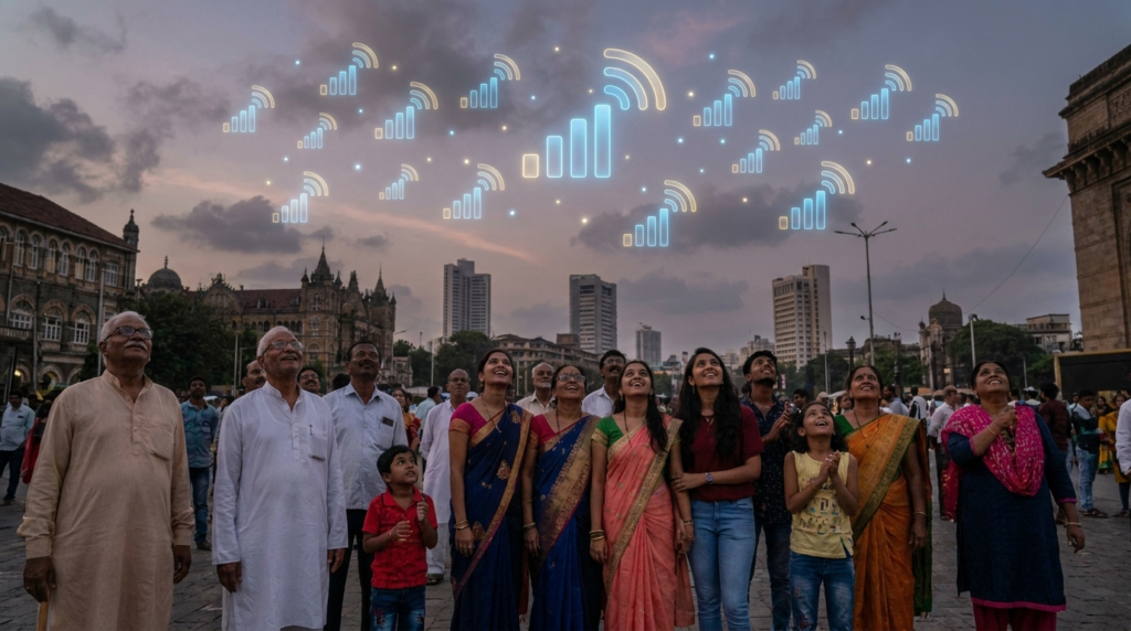 A vibrant image showing a diverse group of Indian people looking up at a sky filled with subtle, glowing 5G signal icons, symbolizing the widespread adoption and excitement around the new technology.