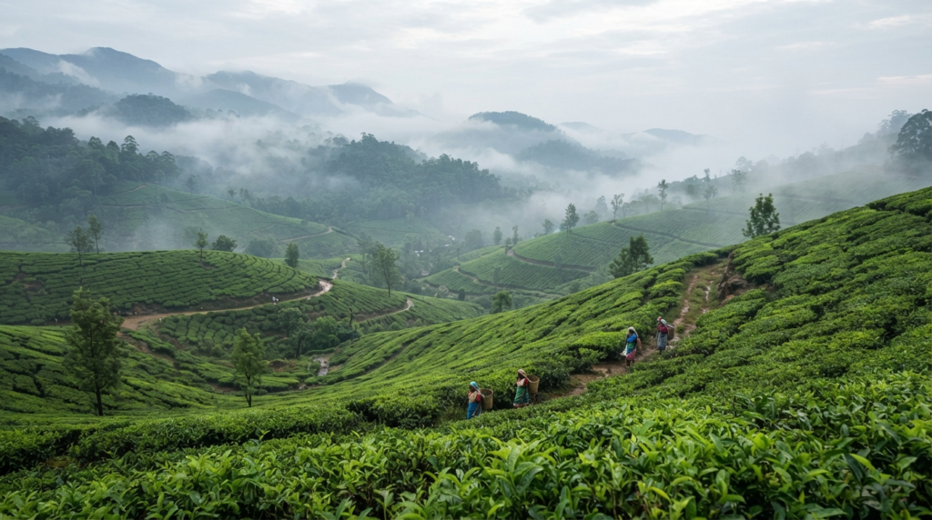 A wide-angle shot of mist rolling over the lush, emerald-green tea plantations of Munnar during a soft September morning.