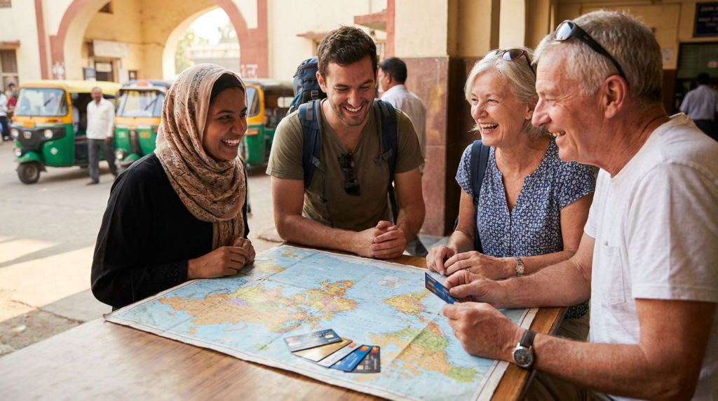 A diverse group of travellers smiling and looking at a world map, with credit cards subtly incorporated into the scene.
