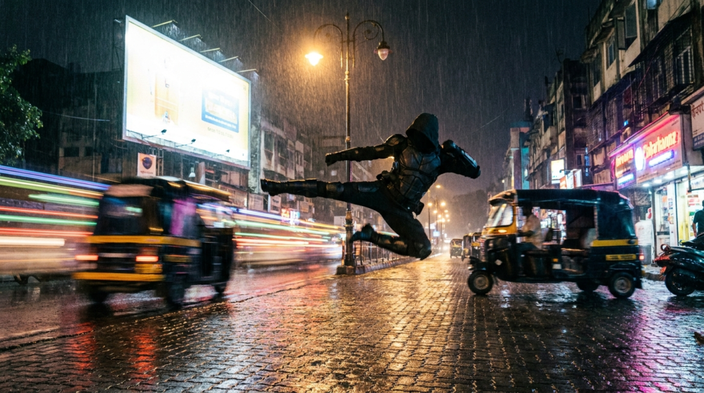 A dynamic shot of a hero performing a gravity-defying kick in a rain-soaked urban setting, with dramatic lighting and blurred motion effects.