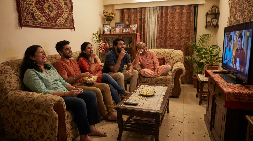 A diverse group of friends laughing heartily while watching a movie on a sofa, with popcorn scattered around.