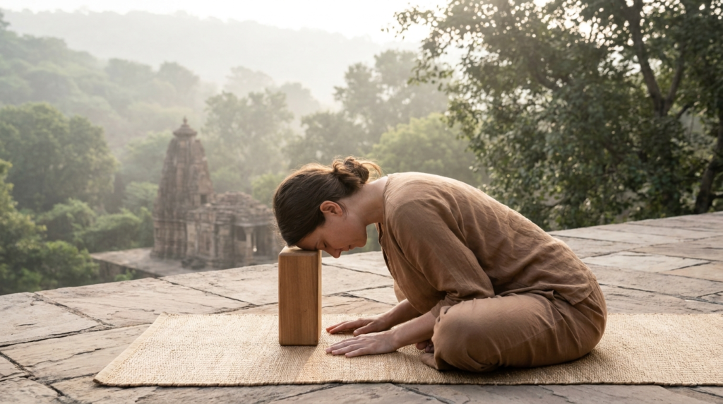A serene scene of a yoga practitioner gently performing a seated forward bend, with their knees slightly bent and a block under their forehead for support.