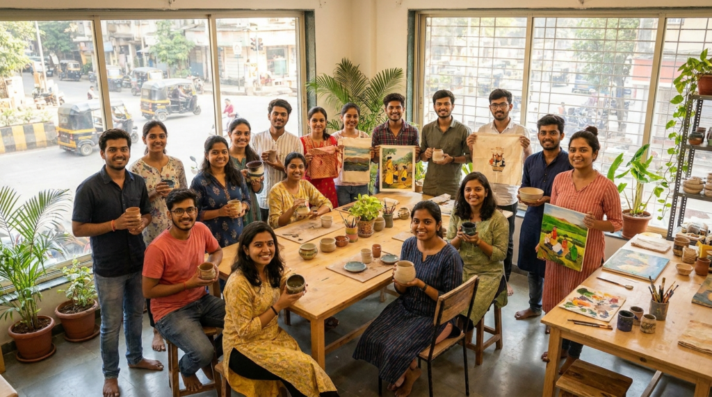 A vibrant group of young men and women, diverse in appearance, proudly displaying handcrafted items and artwork in a bright, airy workshop space in Mumbai.