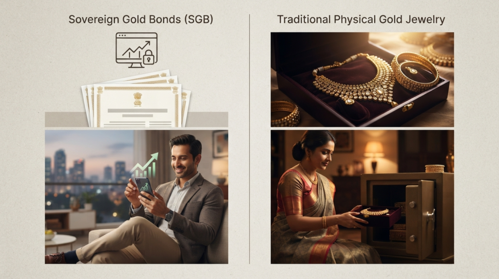 A clean, minimalist infographic comparing the long-term benefits of Sovereign Gold Bonds against traditional physical gold jewelry.