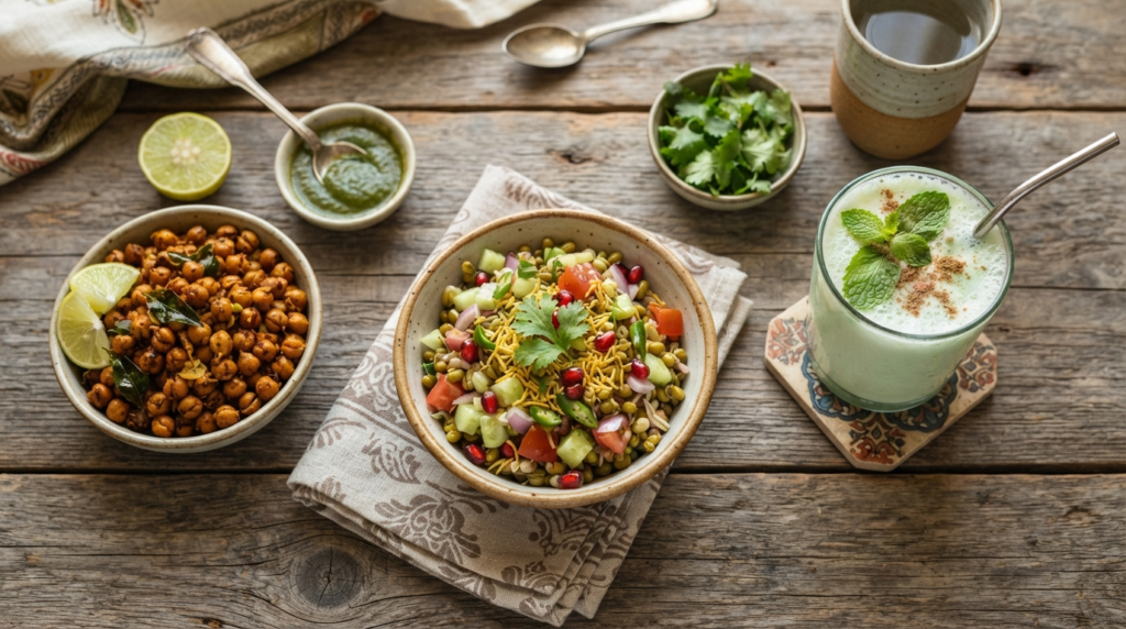 A flat-lay photograph of a healthy Indian snack spread, featuring a bowl of sprouted moong salad, a small pile of roasted chana, and a vibrant glass of mint-infused buttermilk.