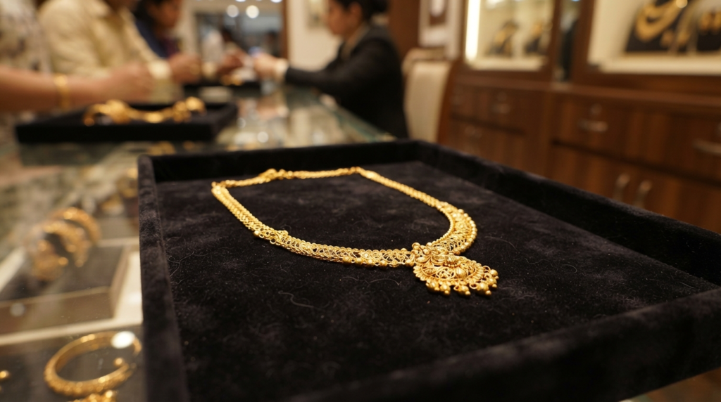 A close-up shot of a polished gold necklace resting on a dark velvet display tray inside a brightly lit jewelry showroom in Sangli.