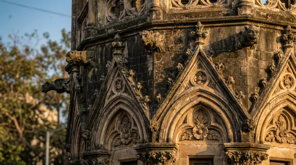 A close-up shot of the intricate carvings on the Bandra Clock Tower, highlighting its colonial-era architectural details.
