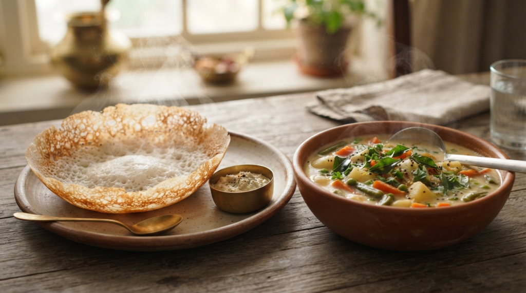 A steaming, white Appam with a lacy, crispy edge sitting next to a bowl of creamy vegetable stew garnished with fresh curry leaves.