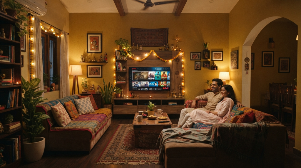 A wide-angle shot of a cozy Indian living room setup with a high-definition television displaying a film menu, illuminated by ambient warm lighting.