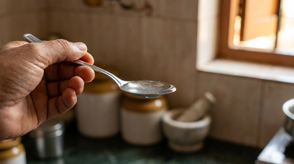 A close-up shot of a person's hand holding a small, clean spoon filled with glistening virgin coconut oil, with a blurred background of a kitchen counter.