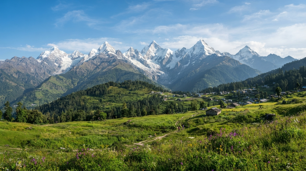 A panoramic view of the snow-capped Panchachuli peaks visible from a lush green meadow in Munsiyari, Uttarakhand.