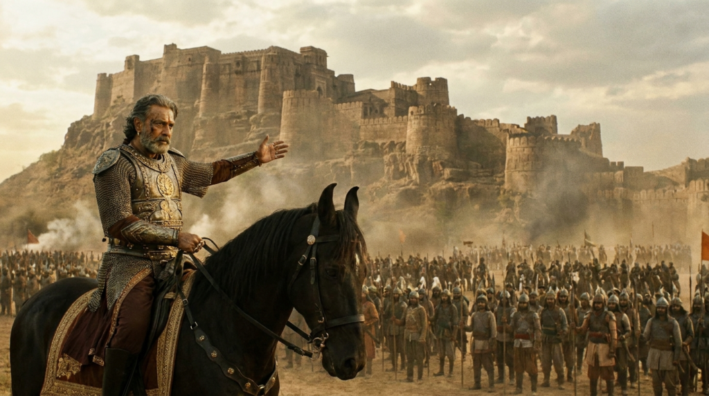 A still from a historical epic, showing a king on horseback addressing his army with a grand fort in the background.