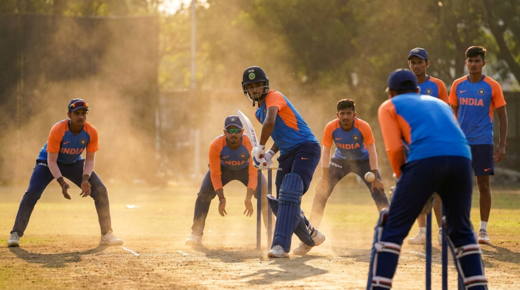A group of young Indian cricketers in their team kit, looking focused and determined during a training session on a sun-drenched field.