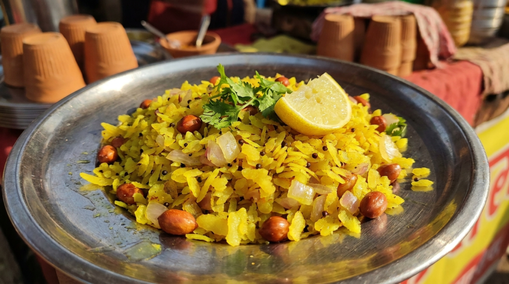 A colourful close-up shot of Kanda Poha, garnished with fresh coriander and a wedge of lemon, on a traditional steel plate.