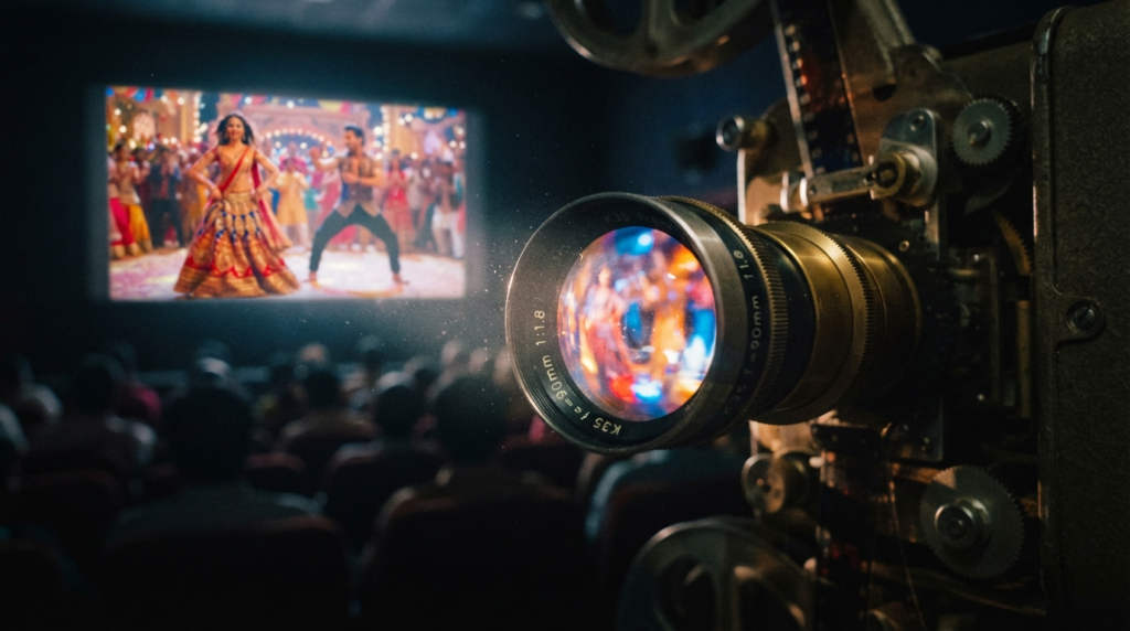 A close-up shot of a film projector lens capturing the vibrant, colorful light of a scene on a movie screen