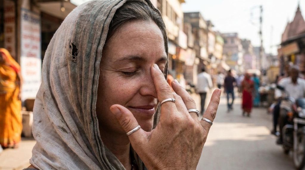 A close-up of a woman's hands gently performing alternate nostril breathing, with a calm expression
