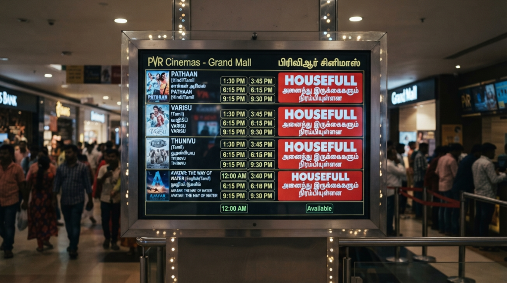 A close-up of a digital box office display screen showing housefull signs for multiple shows in a busy shopping mall complex.