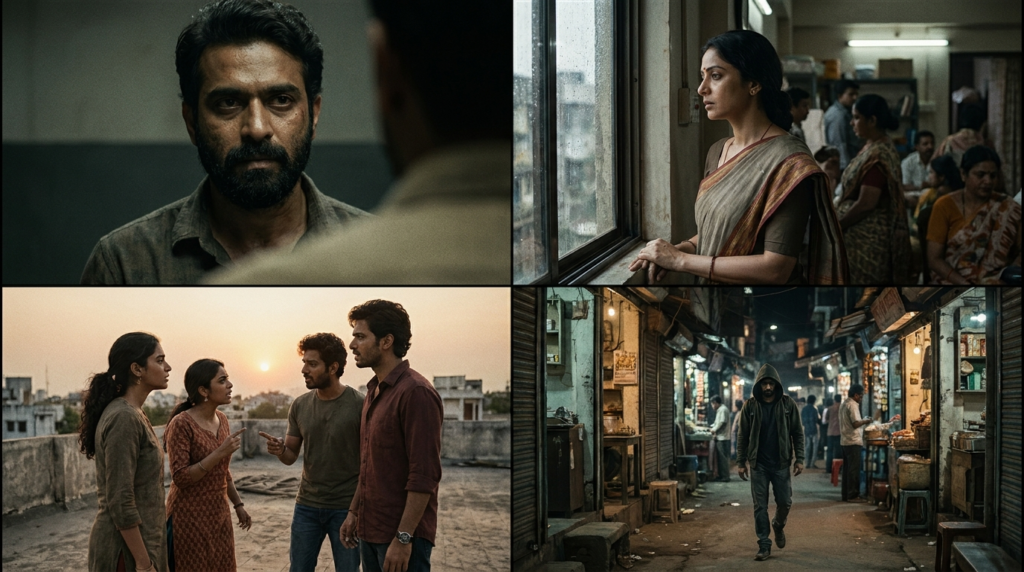 A montage of striking still images from various popular Hindi web series on Hotstar, showcasing diverse characters and dramatic scenes.