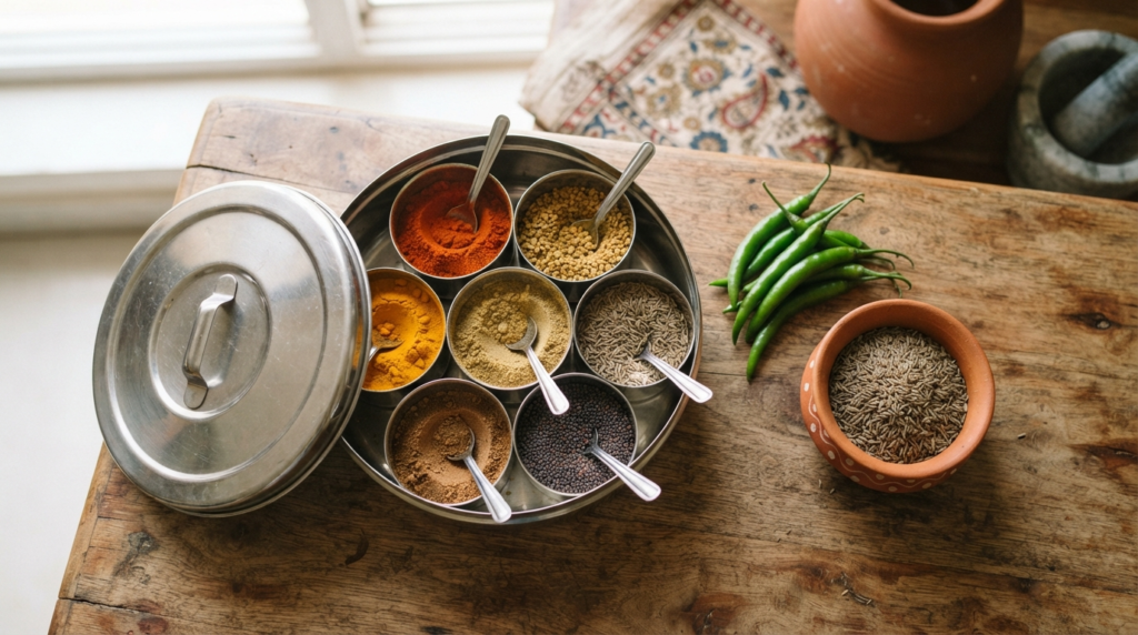 A bright, overhead shot of a well-organized Indian spice dabba with fresh green chilies and a small bowl of cumin seeds on a wooden table.
