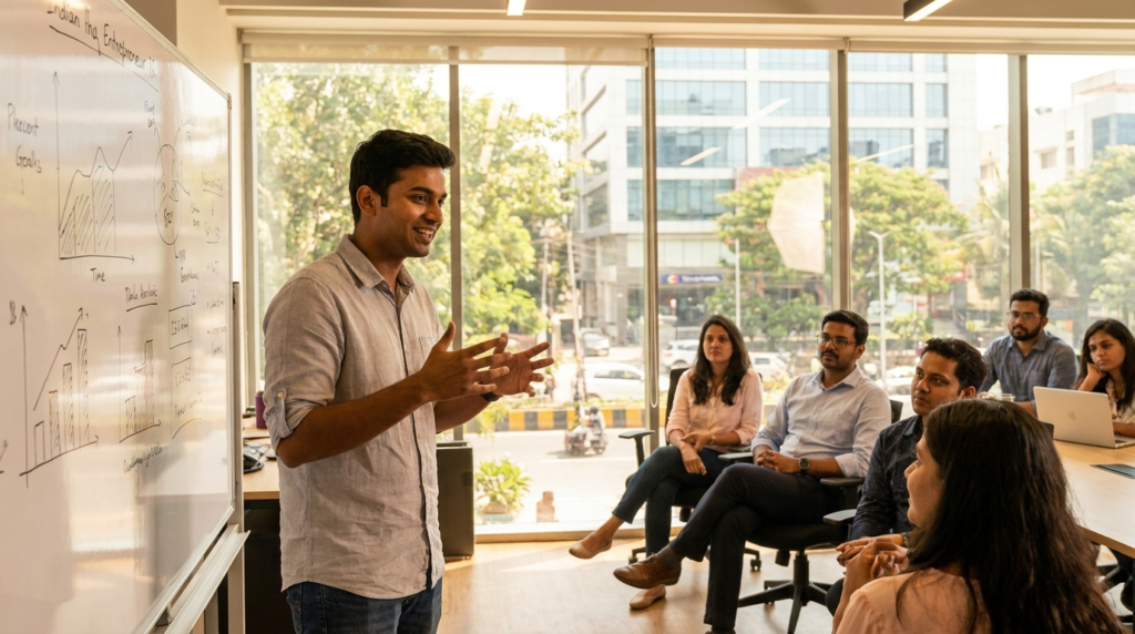 A young entrepreneur passionately presenting a business plan in a modern, brightly lit co-working space in Bengaluru, with a whiteboard filled with diagrams behind them.