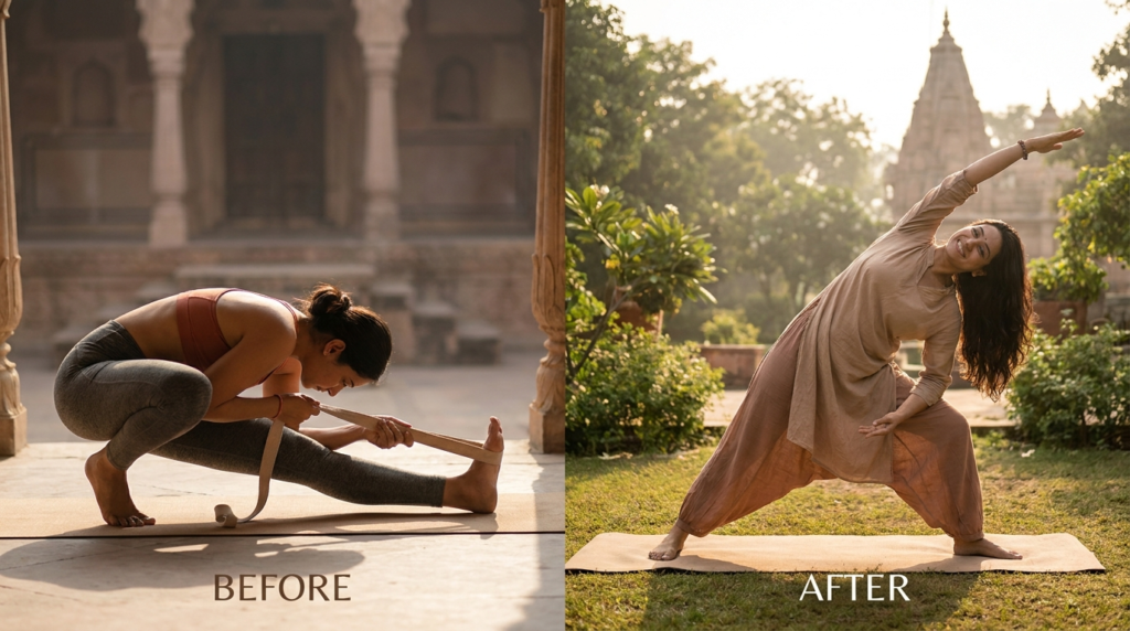 A split image showing the flexibility benefits of yoga: one side shows a person performing a deep hamstring stretch with a strap, and the other side shows a person in a modified Gate Pose with a comfortable side bend.