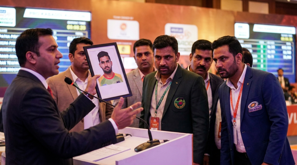 A close-up shot of a Pro Kabaddi auctioneer holding up a player's photo, with team owners in the background looking on intently. The atmosphere is tense and focused.