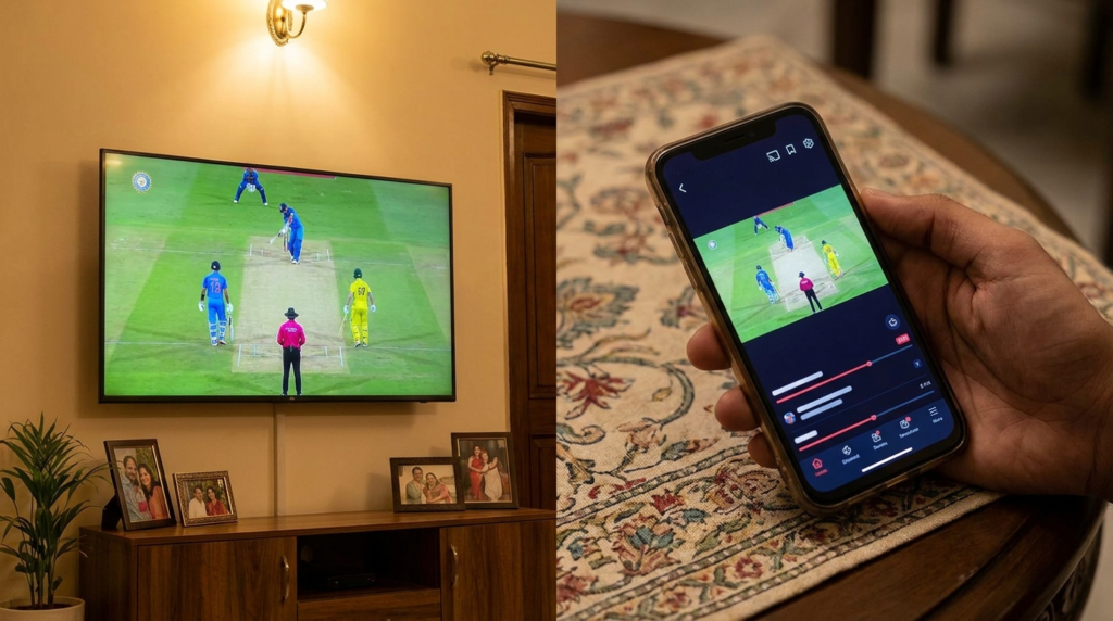 A split image showing a television screen with a cricket match on one side and a smartphone displaying a live streaming app on the other