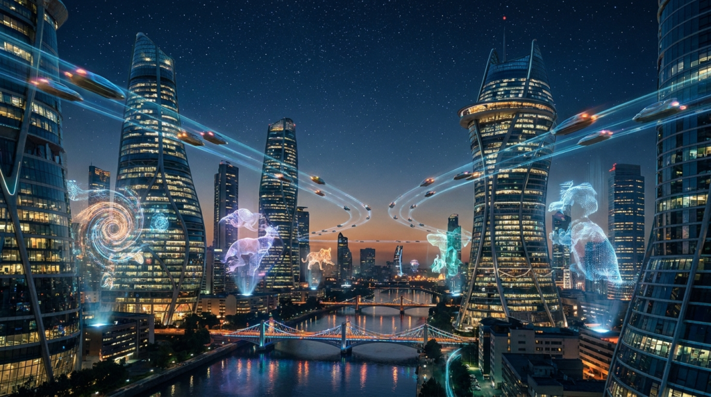 A wide shot of a futuristic cityscape at night, with flying vehicles and holographic advertisements, under a starry sky.