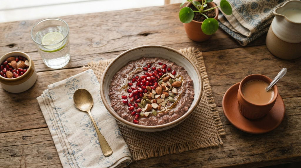 A bright, overhead shot of a wooden table featuring a bowl of ragi porridge topped with fresh pomegranate seeds and chopped almonds.